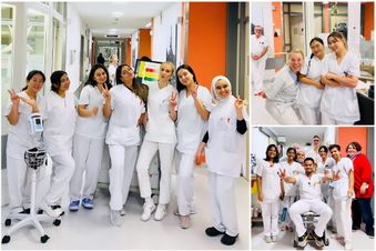 Collage mit Pflegekräften in weißer Kleidung bei der Arbeit und im Gruppenfoto auf einer Krankenhausstation.