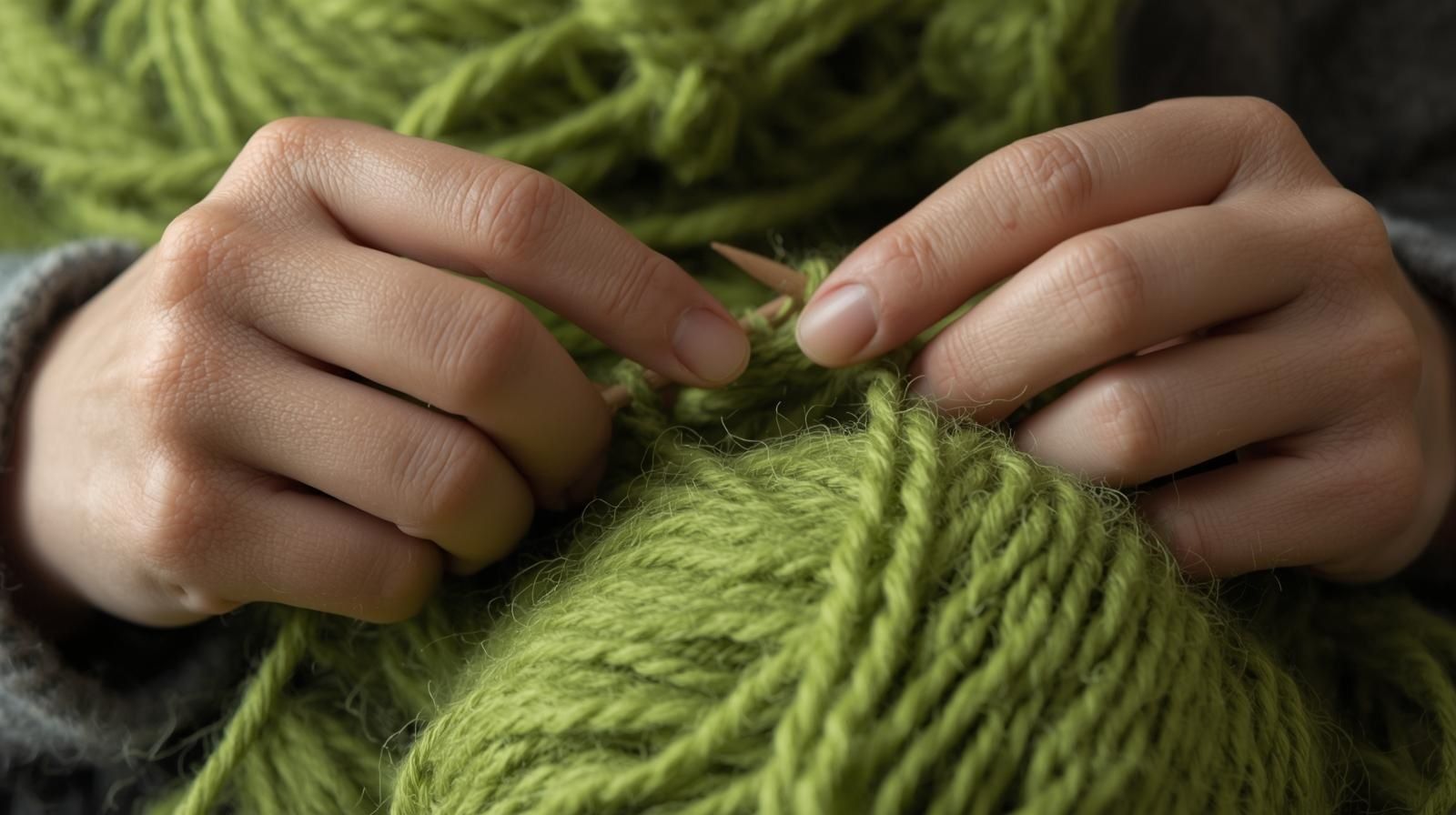 Grüne Wolle; Hände, die Stricknadeln halten