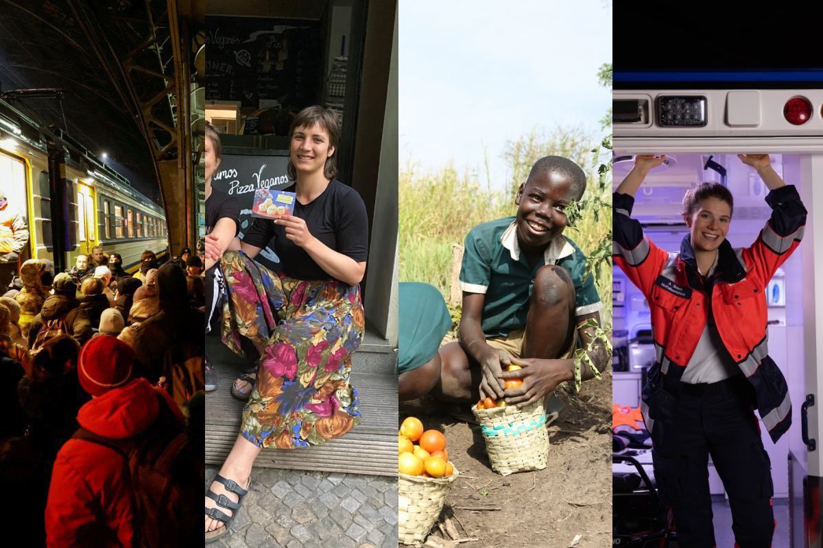 Eine Collage aus vier Bildern – abgebildet sind eine Notfallsanitäterin, ein lächelndes Kind in einem Garten, eine lächelnde Frau mit einer Stoffhose und Menschen auf einem Bahnsteig.
