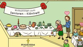 Cartoon, der eine Malteser Seniorenveranstaltung zeigt