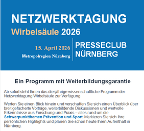 Veranstaltungshinweis zur Netzwerktagung Wirbelsäule 2026 in blau und weiß.