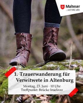 1. Trauerwanderung für verwitwete in Altenburg. Montag, 23. Juni um 10 Uhr. Treffpunkt: Brücke Inselzoo. Auf dem Bild sind Beine in Wanderschuhe zu erkennen.