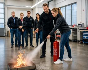 Eine Person löscht mit einem Feuerlöscher ein künstliches Feuer