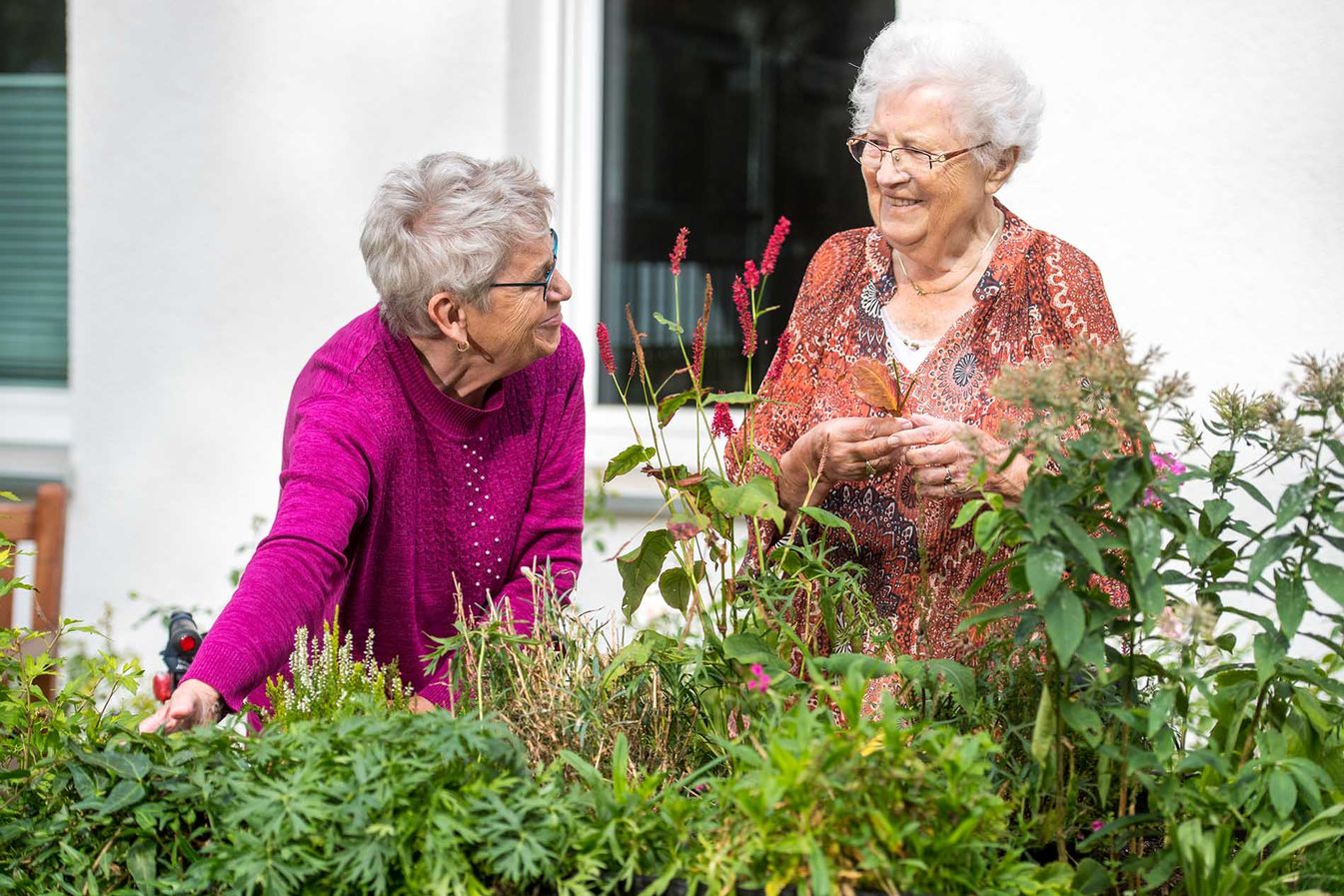 Bewohner pflanzen zusammen Blumen in die Beete ein 