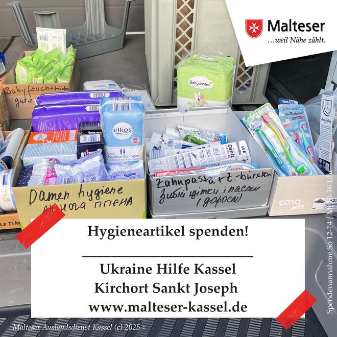 Hygieneartikel bitte spenden für Menschen in Not! Hilfe über Ländergrenzen hinweg leisten wir im Ehrenamt am Kirchort Sankt Joseph.