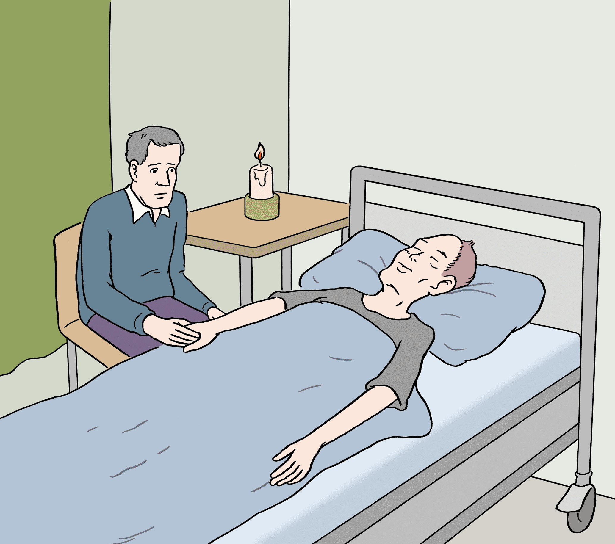 Ein Mann liegt sterbend in einem Krankenhausbett. Neben dem Bett sitzt ein Mann auf einem Stuhl und hält die Hand des Sterbenden.