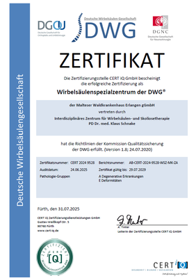 Zertifikat der DGW für das Wirbelsäulenspezialzentrum des Malteser Waldkrankenhaus St. Marien in Erlangen.